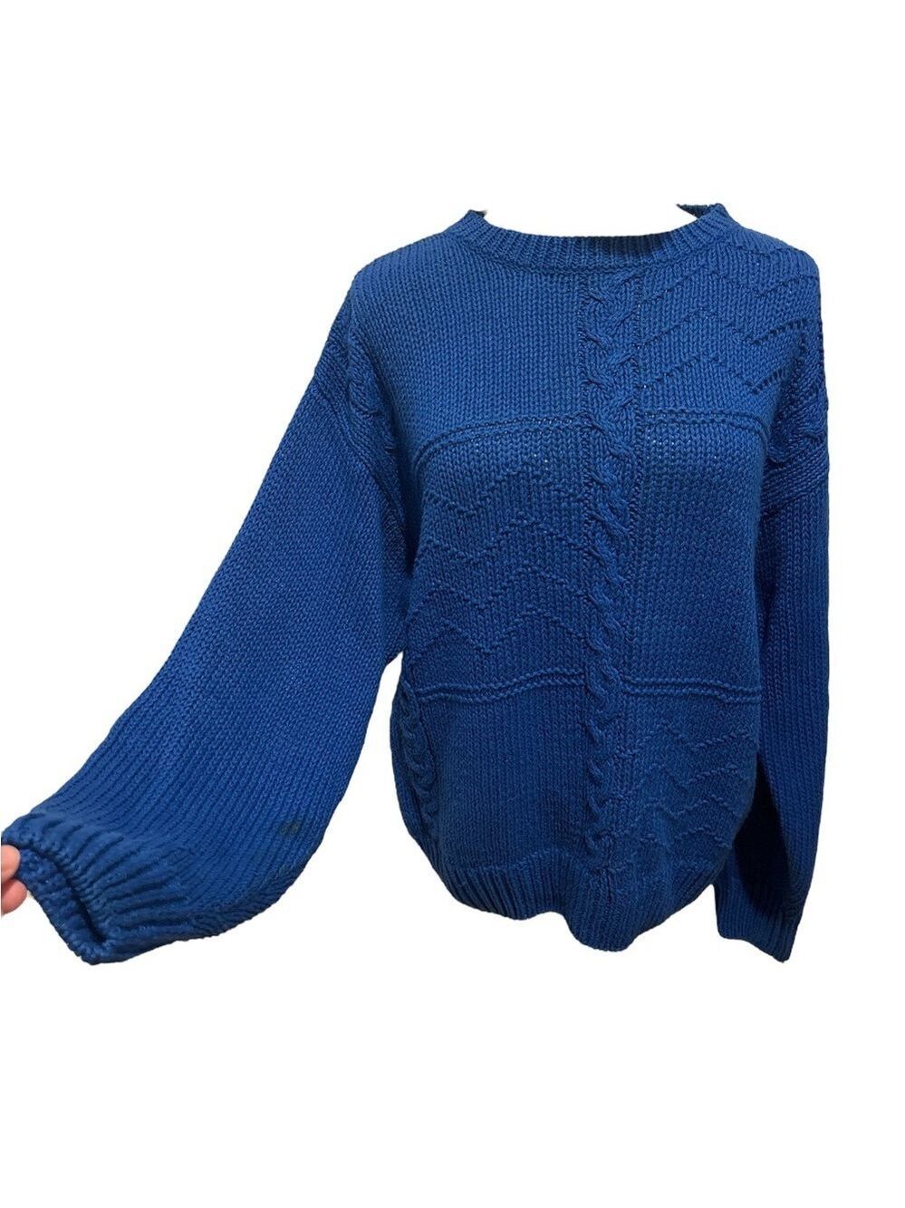 80s BLUE COTTON HAND KNIT DROP SHOULDERS & DOLMAN SLEEVES CABLE KNIT WINDCREST L